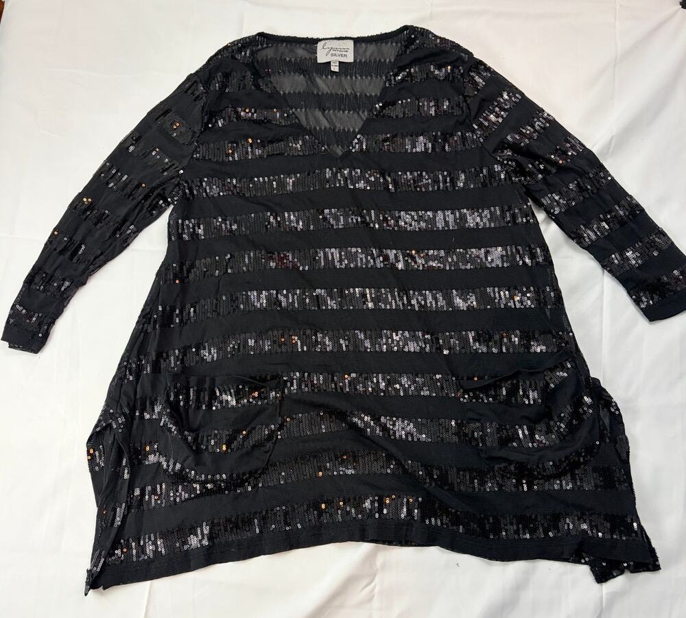 Lynn Ritchie Silver Black Sequin Stripe Tunic Top L Mesh Pockets Holiday Party